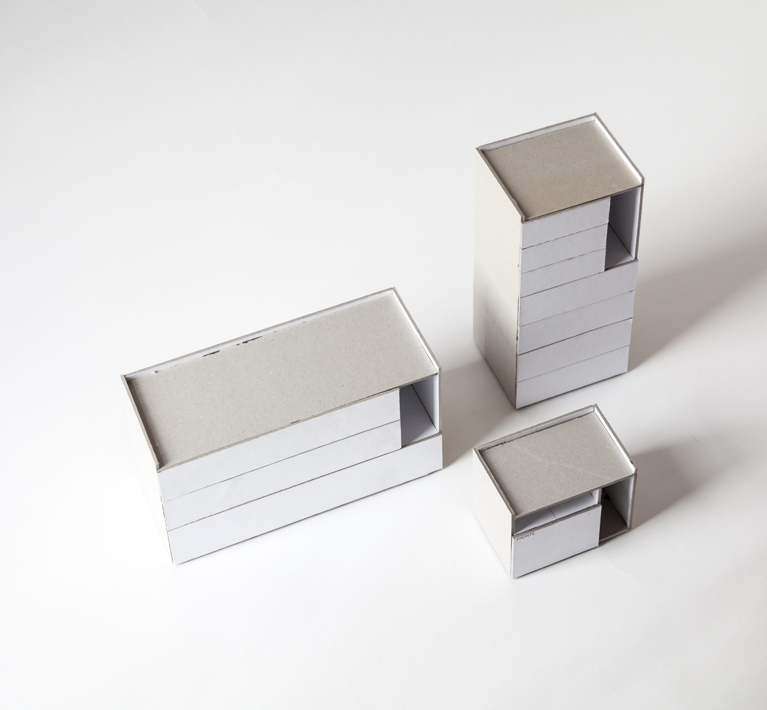 Cardboard mockup of the Tip drawer units by Debiasi Sandri for Lema