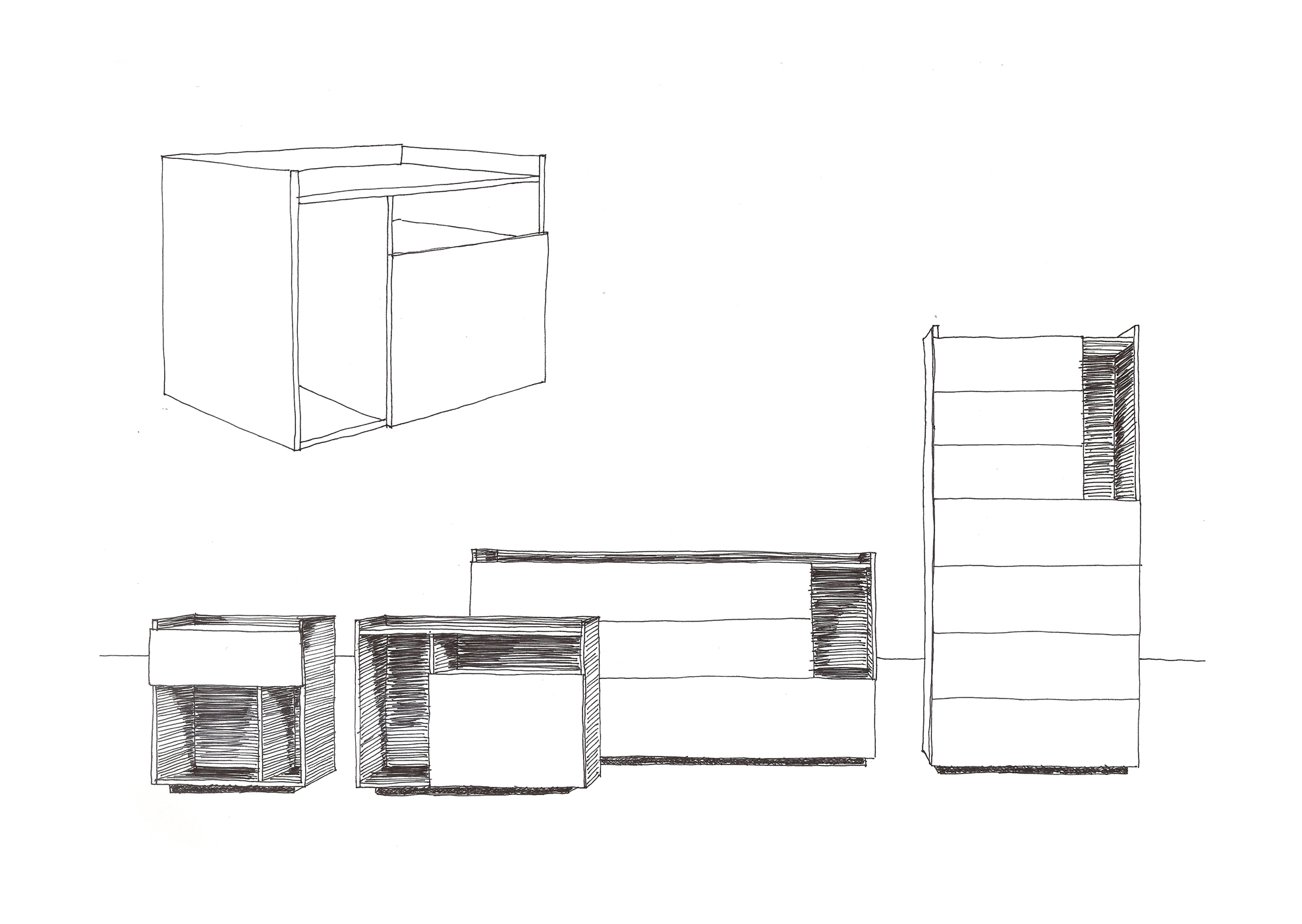 Sketch of the Tip drawer units by Debiasi Sandri for Lema