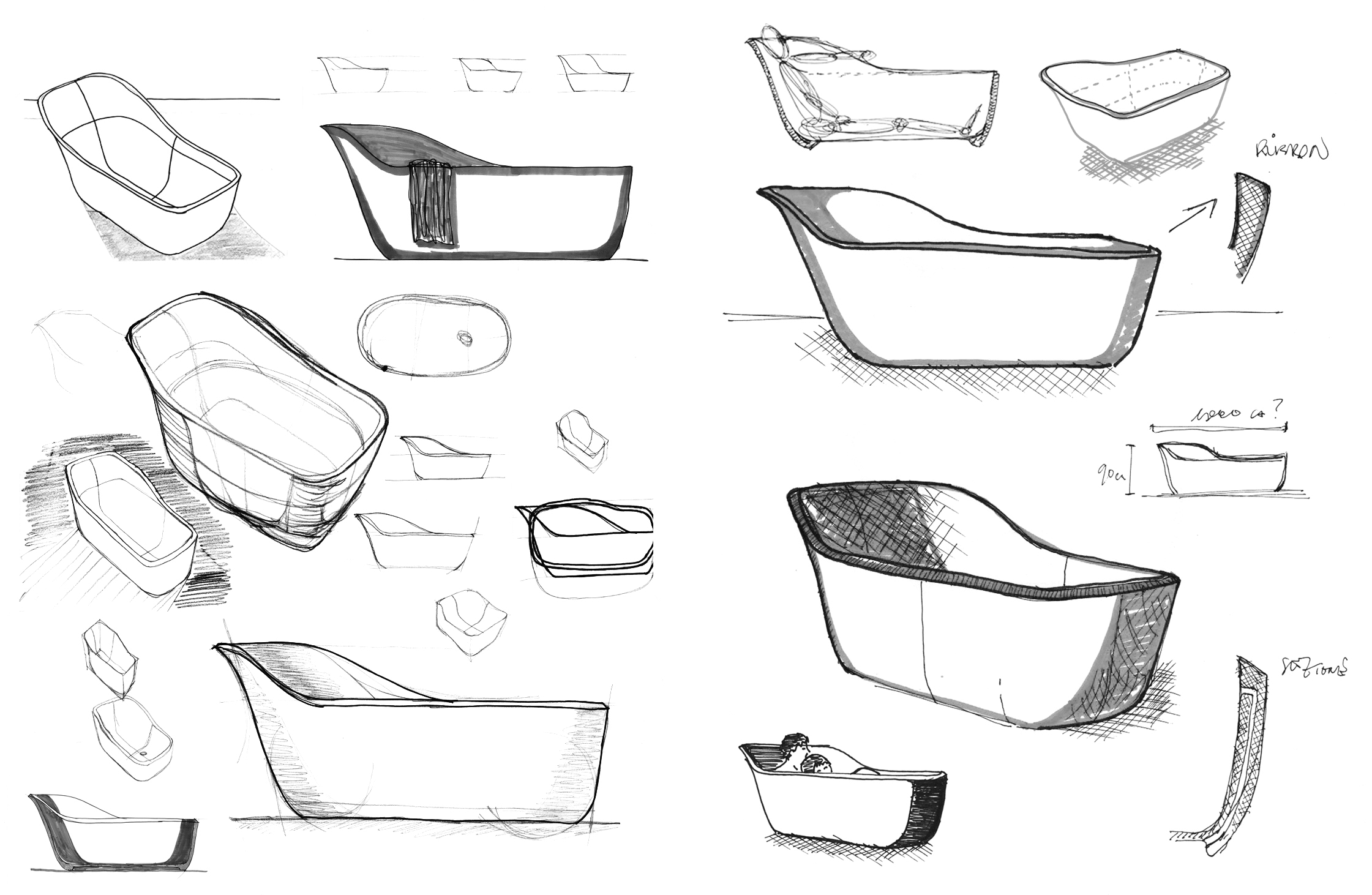 Concept sketches of Wanda bathtub by Debiasi Sandri for Antoniolupi